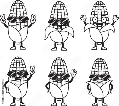 Festive Cartoon Corn Cob Characters with Sunglasses and Fun Poses for Corn-Related Holidays, Seasonal Trends, Harvest Festivals, Farming Events, and Agricultural Celebrations