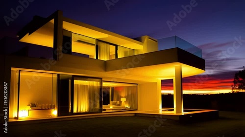 Modern house exterior with glass railings and illuminated windows at dusk capturing luxury living