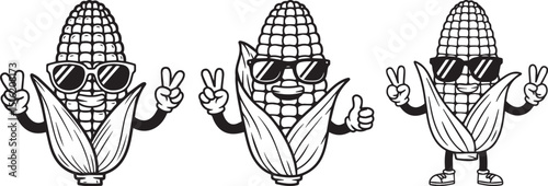 Smiling Cartoon Corn Mascot with Sunglasses and Peace Signs for Corn Festivals, Harvest Celebrations, Agricultural Fairs, Seasonal Trends, Food Events, and Corn-Themed Promotions