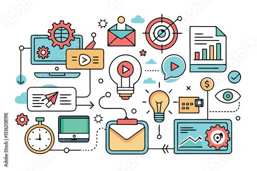 Modern flat vector business, finance, and technology icons set for web, mobile, and social media marketing concepts and digital network communication