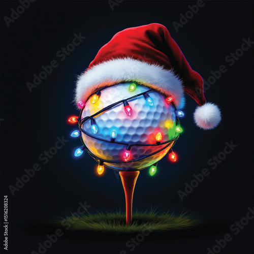 Festive golf ball wearing a santa hat and wrapped in christmas lights on a golf tee