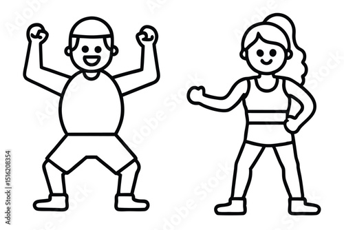 Funny cartoon illustration of a smiling man and a girl at school, engaging in colorful sports with other kids