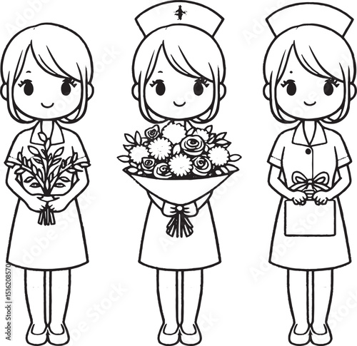 Three cartoon nurses with gifts one holding a bouquet one with foliage one with a present