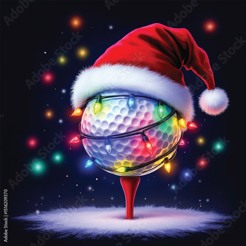 Festive golf ball wearing a santa hat and wrapped in christmas lights on a golf tee
