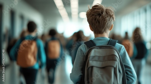 A young boy walks through a busy school corridor with classmates, reflecting feelings of anticipation, curiosity, and the journey of education in a contemporary environment.