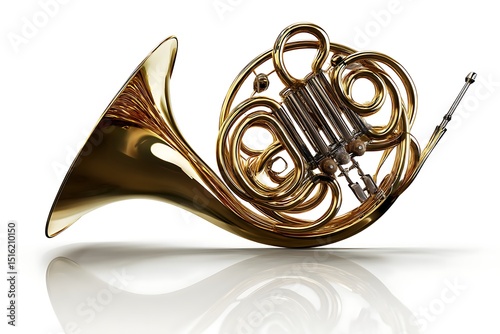 a french horn caught mid-spin, reflecting soft golden light across its complex coiling structure, captured hyperrealistically against a pure