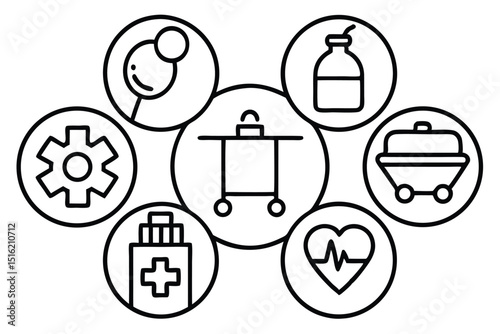 Medical vector icons set with black and white illustrations of business, heart, and car symbols for web design
