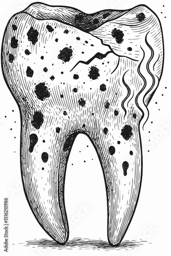 Detailed black and white sketch of a tooth with cracks.

