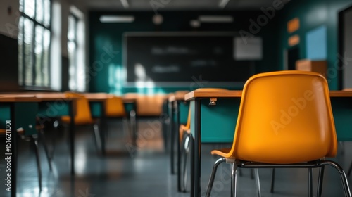An empty classroom setting showcasing bright-colored desks and chairs, illuminated by natural light through large windows, representing a conducive learning environment.