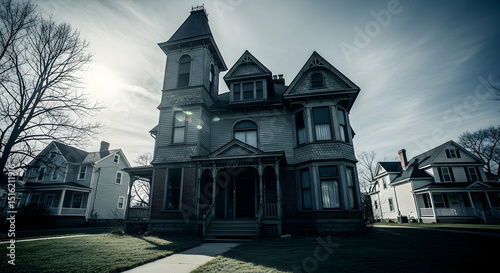 Mysterious Grand Victorian House with Tower under Cloudy Sky