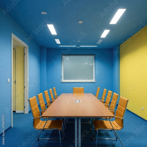 Modern luxury office room interior design with nobody present, featuring stylish furniture and a large window photo