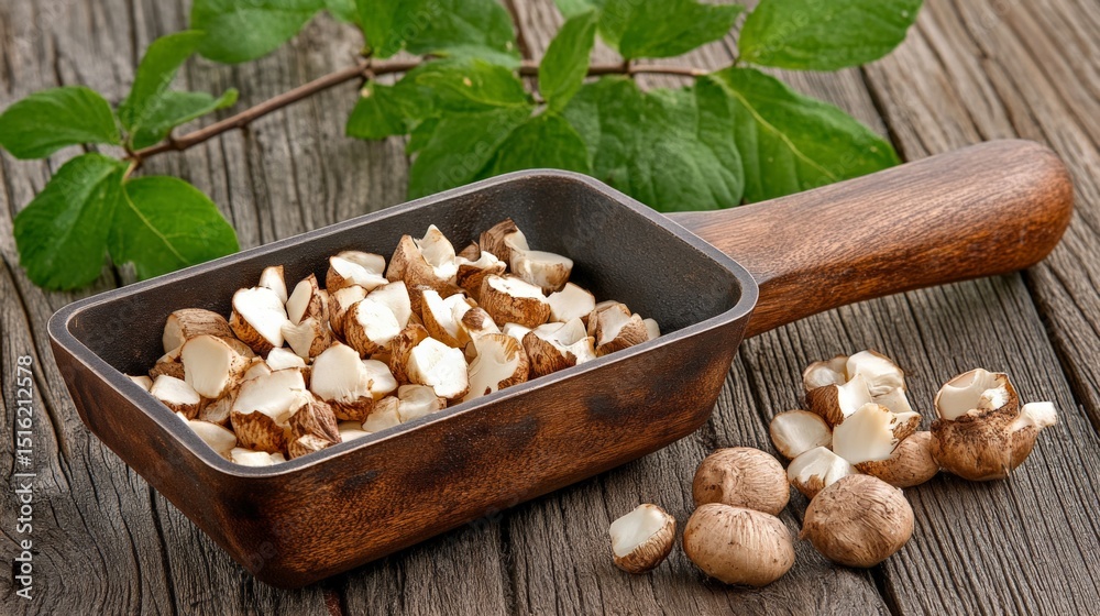Fototapeta premium Freshly chopped mushrooms in a wooden-handled pan on a rustic wooden surface