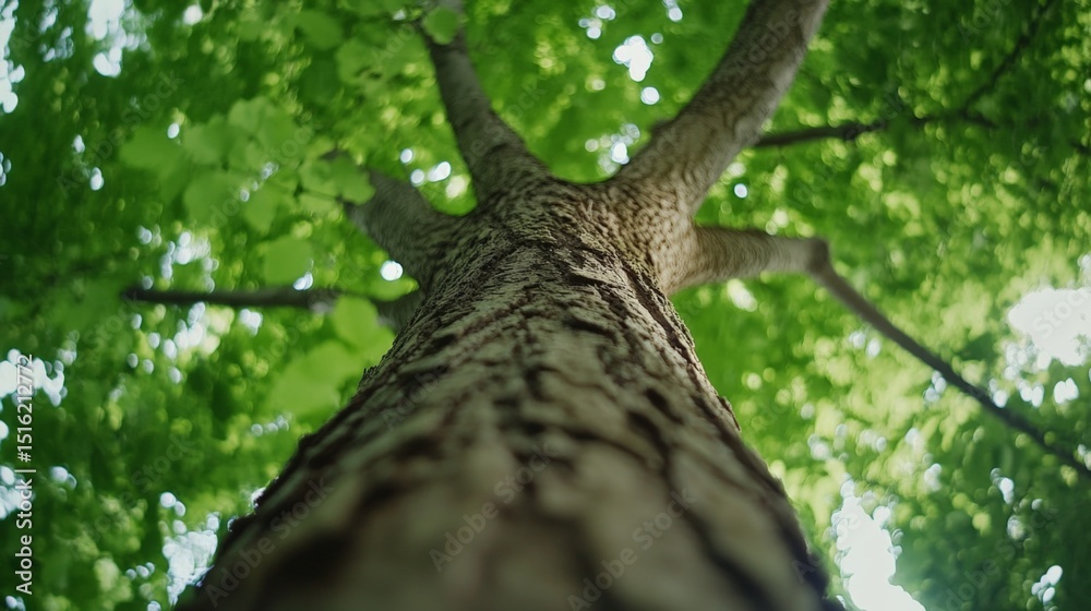 Tall tree viewed from below with lush green leaves and bright sunlight filtering through Tall tree viewed from below with lush green leaves and bright sunlight filtering through