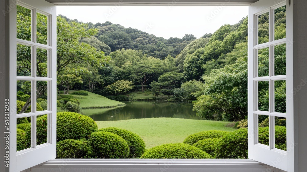 Fototapeta premium Scenic View Through Open Window Overlooking Lush Green Garden Landscape