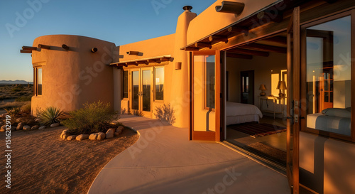 Exterior View Of Southwestern Style Home With Sunrise Glow