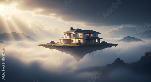 Dreamy Modern Home Floating Above the Clouds at Peaceful Sunset