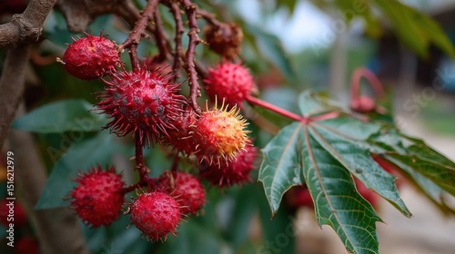 Close-up of Ricinus communis Plant Fruit displaying their spiky exterior