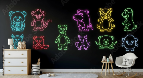 Vibrant Neon Animal Illustrations Adorning Dark Wall In Playful Children's Room