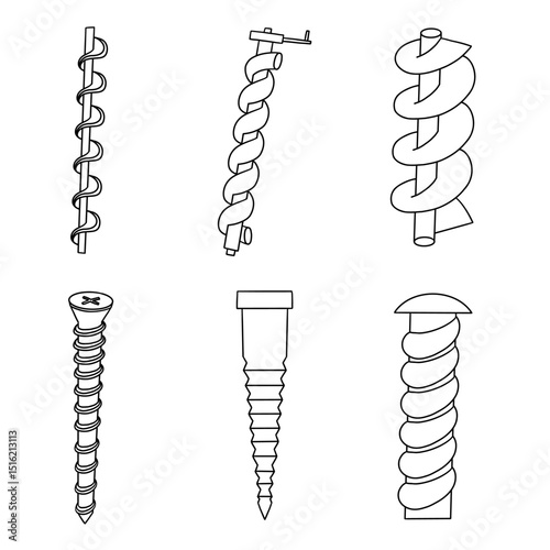 Archimedes screw simple icon set.  Water pump machine compressor spiral motor drawing collection. Physics vector illustration