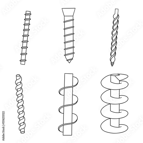 Archimedes screw doodle icon set.  Water pump machine compressor spiral motor drawing collection. Physics vector illustration