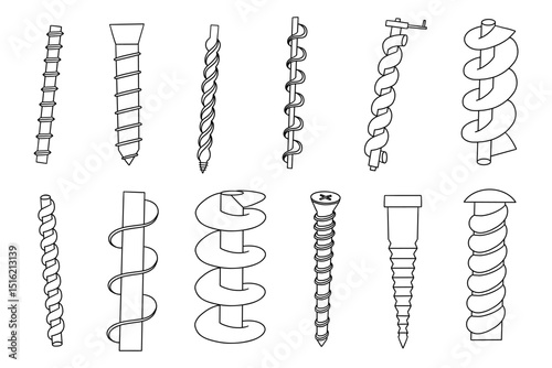 Archimedes screw icon set.  Water pump machine compressor spiral motor drawing collection. Physics vector illustration