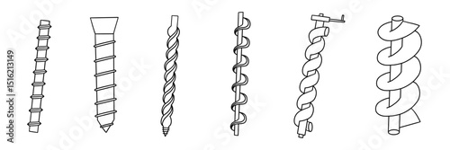 Archimedes screw line icon set.  Water pump machine compressor spiral motor drawing collection. Physics vector illustration