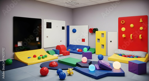 Sensory Integration Room Featuring Colorful Shapes and Soft Play Equipment
