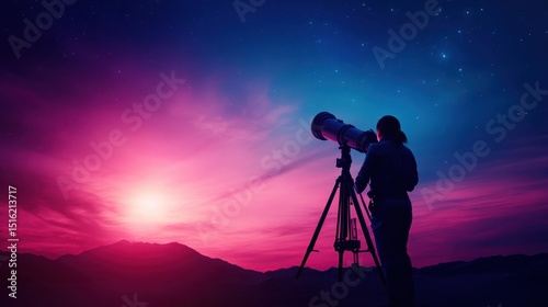 A captivating silhouette captures a stargazer poised with a telescope against a vibrant twilight sky, representing curiosity and the quest for knowledge among the stars.