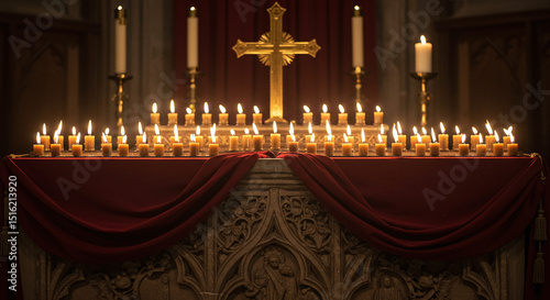 Golden cross candlelight altar red cloth religious worship spiritual faith church interior warm glow peaceful atmosphere