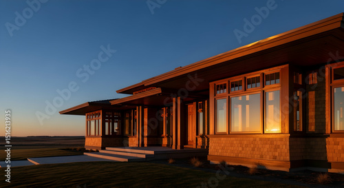 Prairie Style Home Exterior Illuminated by Soft Golden Hour Light on Horizon