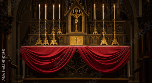 Golden altar with red cloth and lit candles in dimly lit church interior, evoking solemn and reverent atmosphere