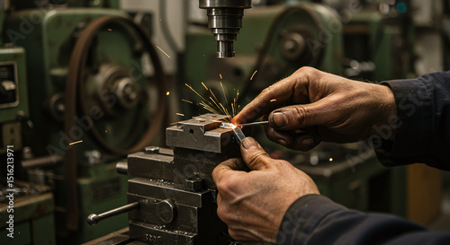 Metalworking machine with sparks flying as worker uses tool to cut or weld metal, showing hands and industrial equipment in workshop environment