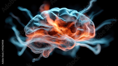 An intricate digital representation of a brain, showcasing vibrant colors and dynamic swirling patterns that symbolize creativity, thought, and mental energy in an abstract manner.