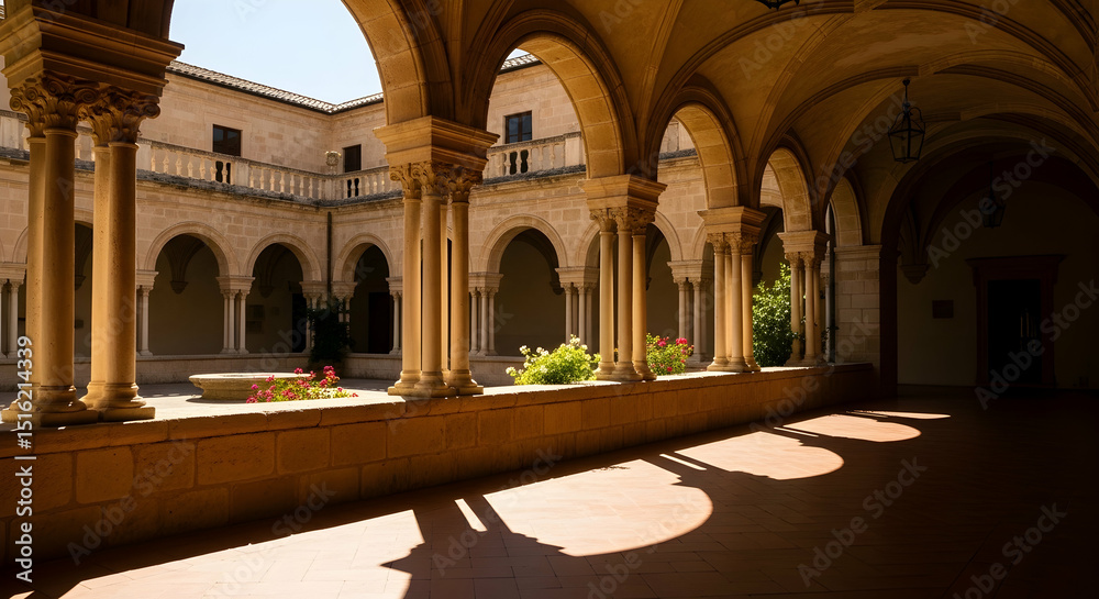 Fototapeta premium Elegant Stone Architecture Featuring Arched Walkway in Historical Building