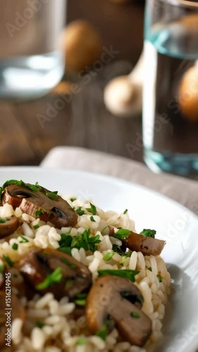 Wallpaper Mural Close-up of steaming mushroom risotto garnished with fresh parsley on a white plate, set against a wooden background. Torontodigital.ca