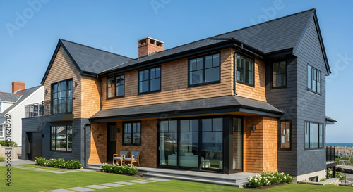 Elegant Coastal Residence With Cedar Shingles And Modern Black Framed Windows