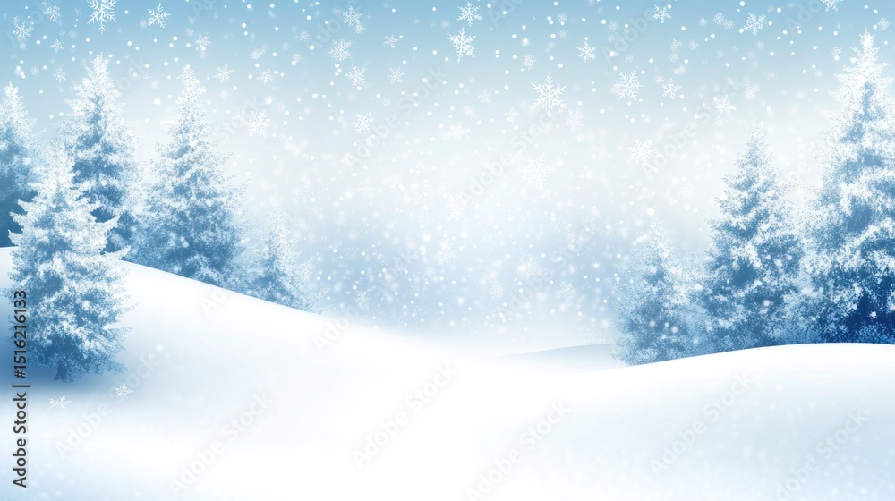 Fototapeta premium Winter Wonderland Snowy Landscape with Fir Trees and Falling Snowflakes