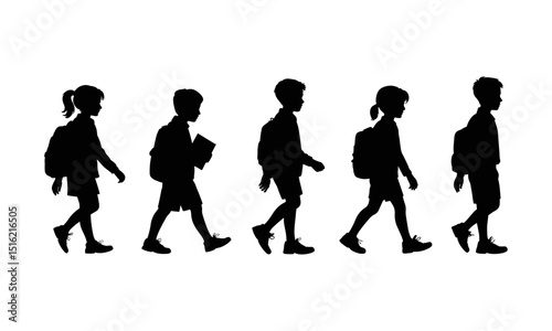 Silhouette Vector Illustration of School Children Walking with Backpacks