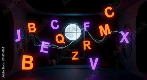 Glowing Letters Floating In a Dark Mysterious Room With Moon View