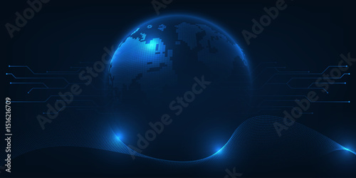 Abstract blue technology background with 3d globe digital communication concept.	