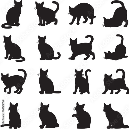 Twelve black cat silhouettes in various poses