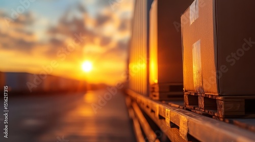 A stunning sunset illuminates stacked boxes in an industrial setting, creating a beautiful contrast between nature and commerce, symbolic of productivity and progress.