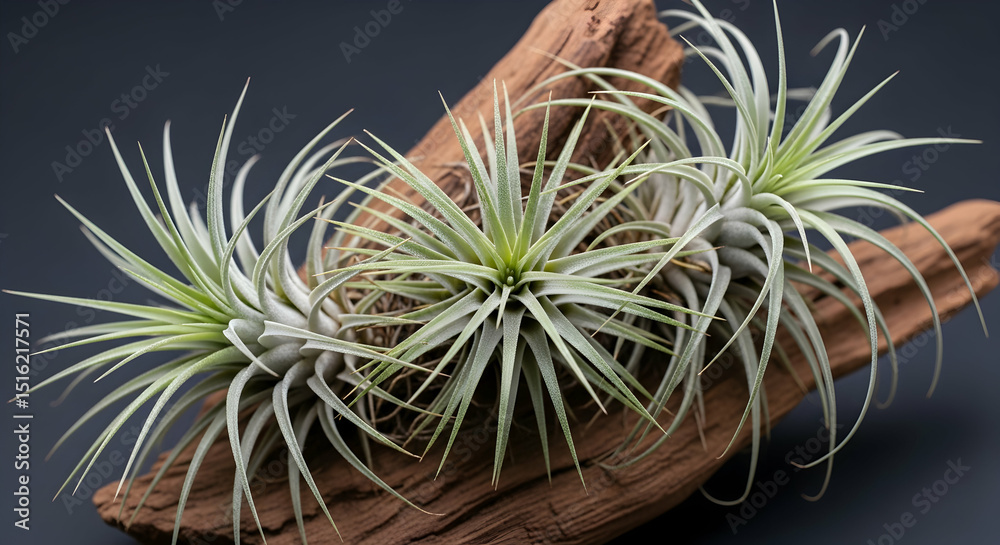 Fototapeta premium Artistic Composition Of Tillandsia Plants On Natural Wood Background