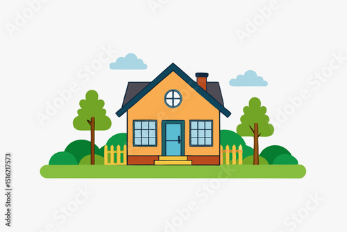 Cartoon vector illustration of a cozy village house with a vibrant garden and trees under a summer sky
