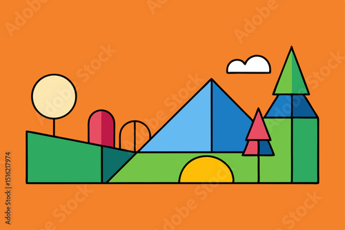 Desert sunset illustration with Egyptian pyramids, a camel, and a house on a distant dune, silhouetted against a hot sky