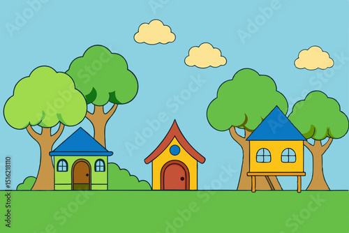 Cartoon illustration of a rural village house on a green hill with trees, blue sky, and clouds in the summer landscape
