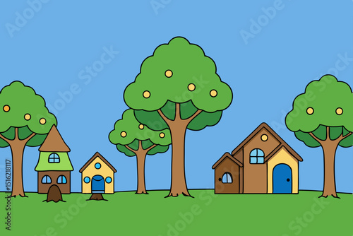 Cartoon home with a tree in a summer village landscape illustration