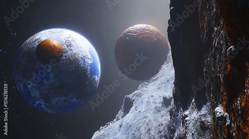Two contrasting planets, one blue and one red, hover closely in a rocky cosmic landscape
