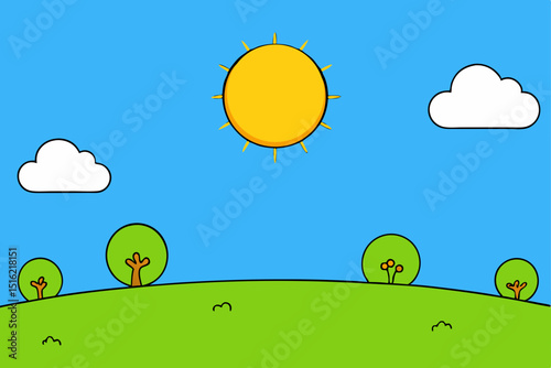 Green summer landscape with trees, clouds, and sun in a rural meadow