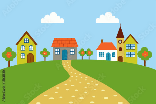 Cartoon vector illustration of a village or city with houses, trees, and sky, depicting a charming rural landscape